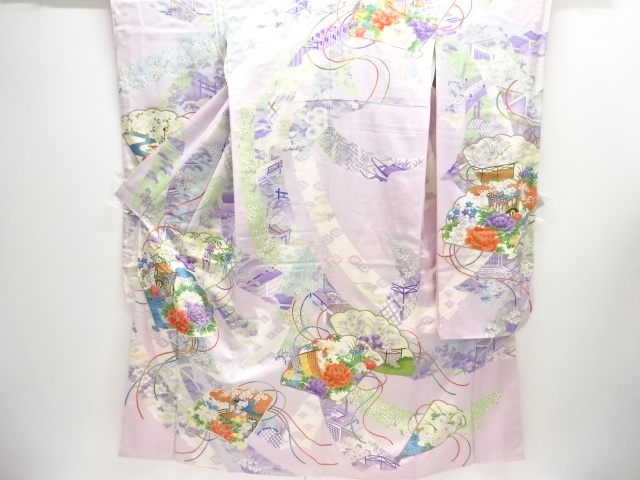 JAPANESE KIMONO / ANTIQUE FURISODE / SILK / EMBROIDERY / FOLDING FAN PATTERN